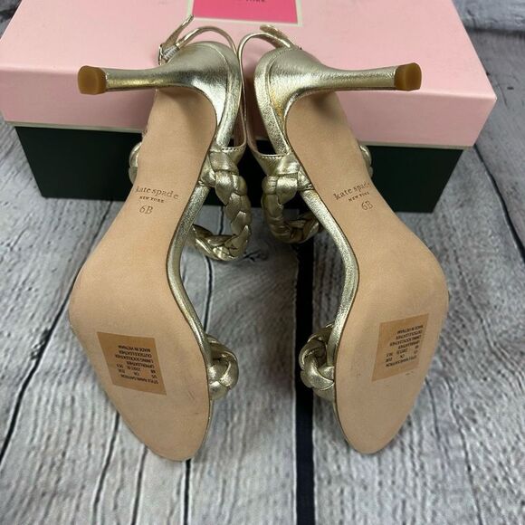 Kate Spade Saffron Heels Sandals Metallic Gold Braided in Pale Gold 6B NWT - Picture 4 of 6